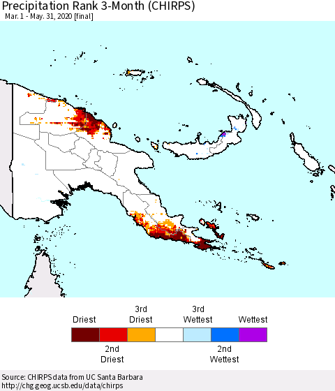Papua New Guinea Precipitation Rank since 1981, 3-Month (CHIRPS) Thematic Map For 3/1/2020 - 5/31/2020