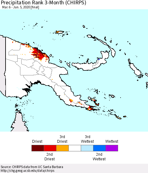 Papua New Guinea Precipitation Rank since 1981, 3-Month (CHIRPS) Thematic Map For 3/6/2020 - 6/5/2020