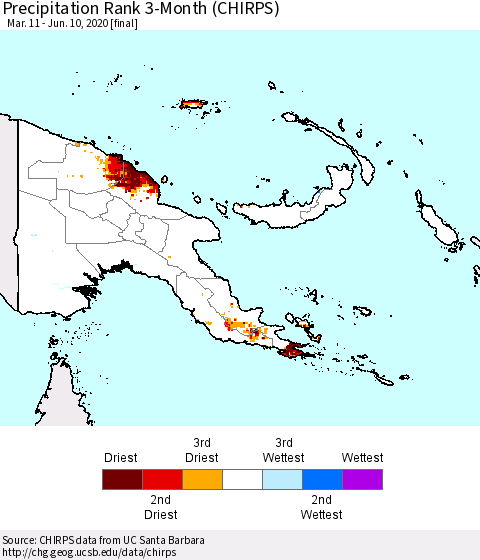 Papua New Guinea Precipitation Rank since 1981, 3-Month (CHIRPS) Thematic Map For 3/11/2020 - 6/10/2020