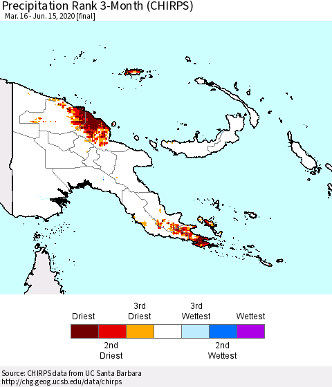 Papua New Guinea Precipitation Rank since 1981, 3-Month (CHIRPS) Thematic Map For 3/16/2020 - 6/15/2020