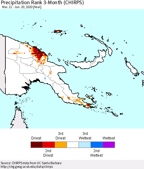 Papua New Guinea Precipitation Rank since 1981, 3-Month (CHIRPS) Thematic Map For 3/21/2020 - 6/20/2020