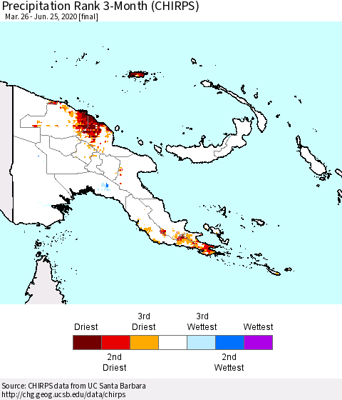 Papua New Guinea Precipitation Rank since 1981, 3-Month (CHIRPS) Thematic Map For 3/26/2020 - 6/25/2020