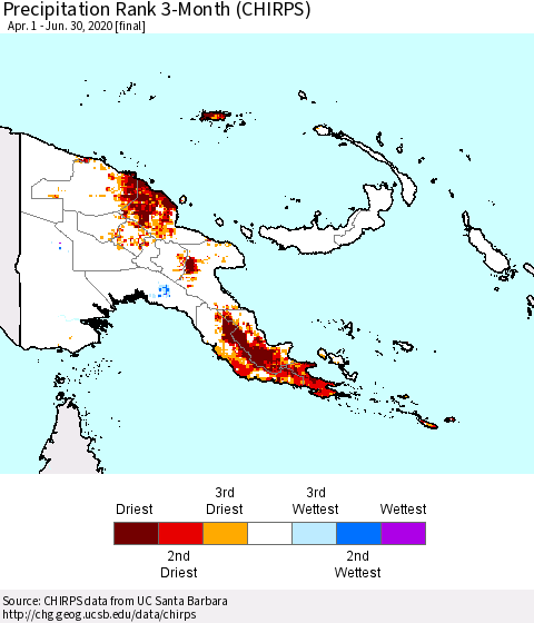 Papua New Guinea Precipitation Rank since 1981, 3-Month (CHIRPS) Thematic Map For 4/1/2020 - 6/30/2020