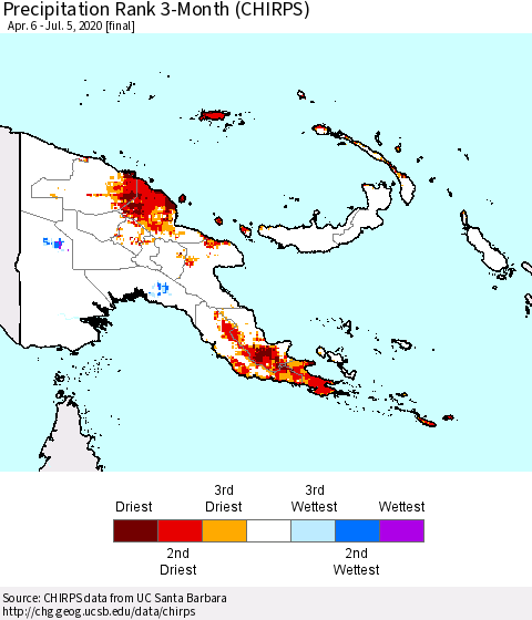 Papua New Guinea Precipitation Rank since 1981, 3-Month (CHIRPS) Thematic Map For 4/6/2020 - 7/5/2020