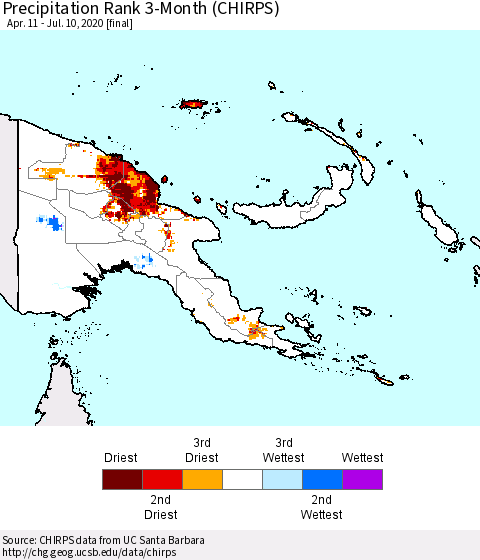 Papua New Guinea Precipitation Rank since 1981, 3-Month (CHIRPS) Thematic Map For 4/11/2020 - 7/10/2020