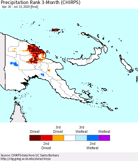 Papua New Guinea Precipitation Rank since 1981, 3-Month (CHIRPS) Thematic Map For 4/16/2020 - 7/15/2020