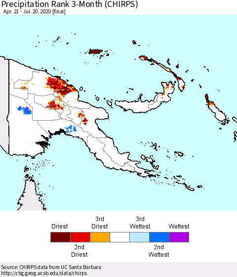 Papua New Guinea Precipitation Rank since 1981, 3-Month (CHIRPS) Thematic Map For 4/21/2020 - 7/20/2020