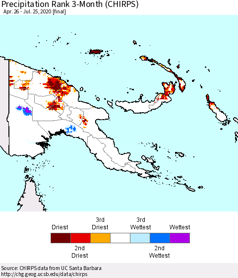 Papua New Guinea Precipitation Rank since 1981, 3-Month (CHIRPS) Thematic Map For 4/26/2020 - 7/25/2020