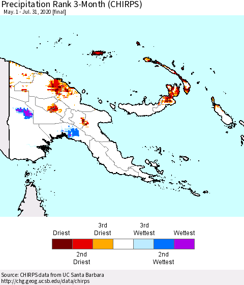 Papua New Guinea Precipitation Rank since 1981, 3-Month (CHIRPS) Thematic Map For 5/1/2020 - 7/31/2020