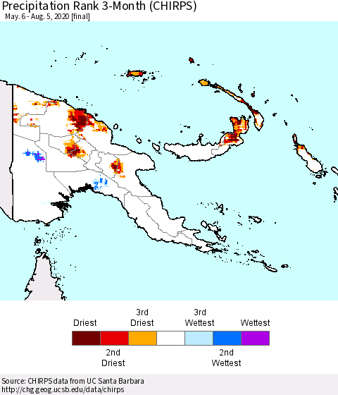 Papua New Guinea Precipitation Rank since 1981, 3-Month (CHIRPS) Thematic Map For 5/6/2020 - 8/5/2020