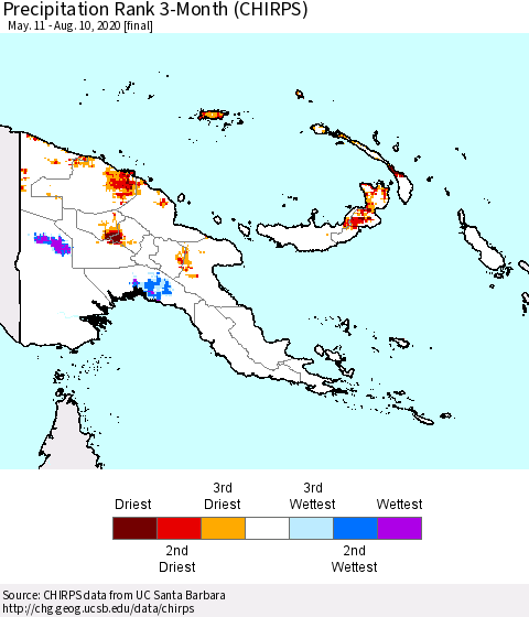 Papua New Guinea Precipitation Rank since 1981, 3-Month (CHIRPS) Thematic Map For 5/11/2020 - 8/10/2020