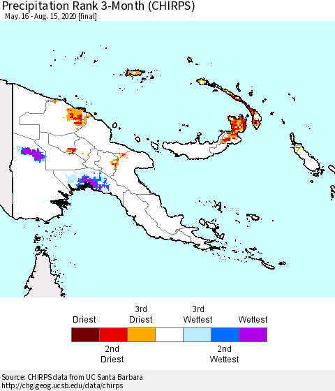 Papua New Guinea Precipitation Rank since 1981, 3-Month (CHIRPS) Thematic Map For 5/16/2020 - 8/15/2020
