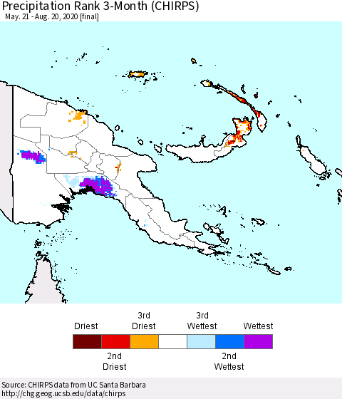 Papua New Guinea Precipitation Rank since 1981, 3-Month (CHIRPS) Thematic Map For 5/21/2020 - 8/20/2020