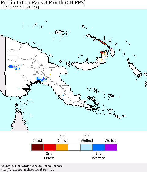 Papua New Guinea Precipitation Rank since 1981, 3-Month (CHIRPS) Thematic Map For 6/6/2020 - 9/5/2020