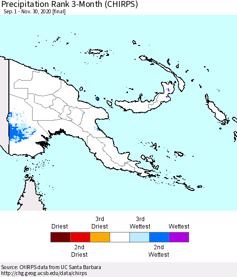 Papua New Guinea Precipitation Rank since 1981, 3-Month (CHIRPS) Thematic Map For 9/1/2020 - 11/30/2020