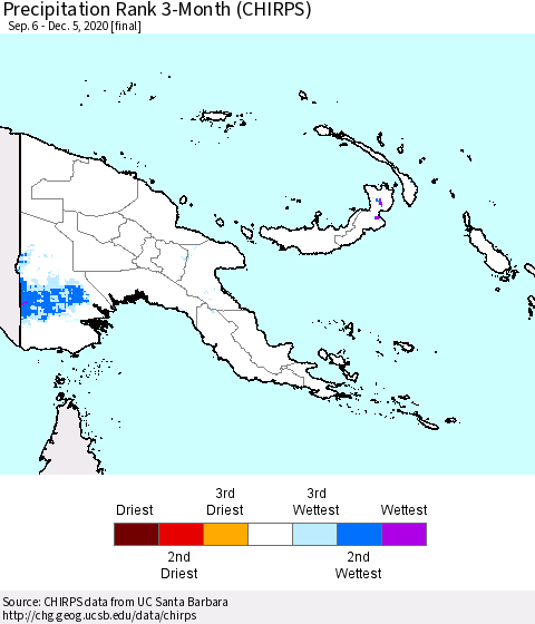 Papua New Guinea Precipitation Rank since 1981, 3-Month (CHIRPS) Thematic Map For 9/6/2020 - 12/5/2020