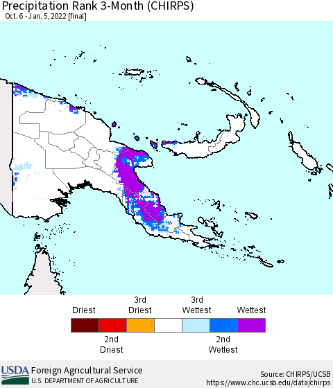 Papua New Guinea Precipitation Rank since 1981, 3-Month (CHIRPS) Thematic Map For 10/6/2021 - 1/5/2022