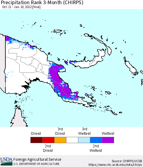 Papua New Guinea Precipitation Rank since 1981, 3-Month (CHIRPS) Thematic Map For 10/11/2021 - 1/10/2022