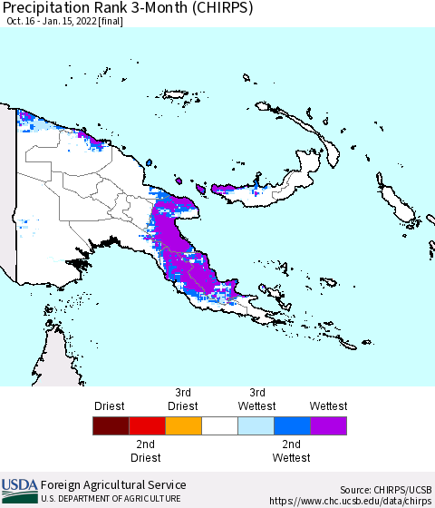 Papua New Guinea Precipitation Rank since 1981, 3-Month (CHIRPS) Thematic Map For 10/16/2021 - 1/15/2022