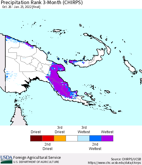 Papua New Guinea Precipitation Rank since 1981, 3-Month (CHIRPS) Thematic Map For 10/26/2021 - 1/25/2022