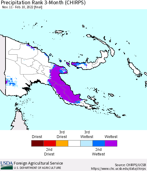 Papua New Guinea Precipitation Rank since 1981, 3-Month (CHIRPS) Thematic Map For 11/11/2021 - 2/10/2022