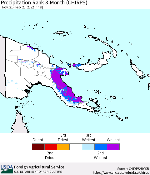 Papua New Guinea Precipitation Rank since 1981, 3-Month (CHIRPS) Thematic Map For 11/21/2021 - 2/20/2022