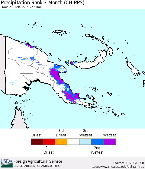 Papua New Guinea Precipitation Rank since 1981, 3-Month (CHIRPS) Thematic Map For 11/26/2021 - 2/25/2022