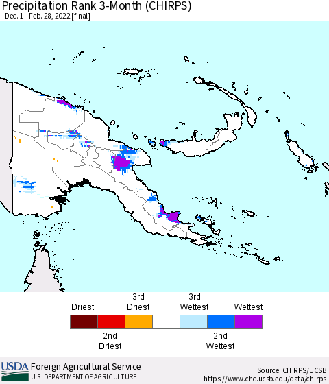 Papua New Guinea Precipitation Rank since 1981, 3-Month (CHIRPS) Thematic Map For 12/1/2021 - 2/28/2022