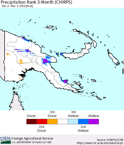 Papua New Guinea Precipitation Rank since 1981, 3-Month (CHIRPS) Thematic Map For 12/6/2021 - 3/5/2022
