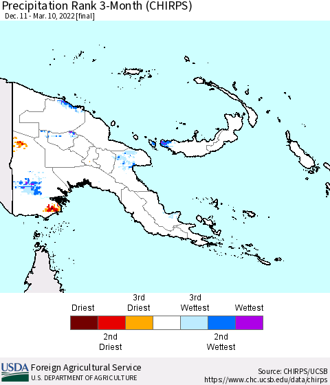 Papua New Guinea Precipitation Rank since 1981, 3-Month (CHIRPS) Thematic Map For 12/11/2021 - 3/10/2022