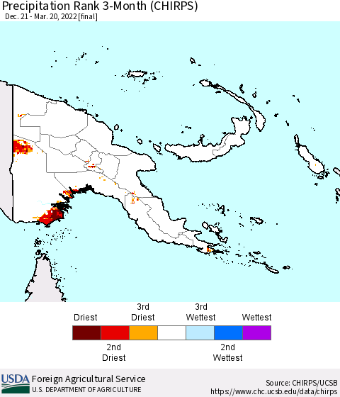 Papua New Guinea Precipitation Rank since 1981, 3-Month (CHIRPS) Thematic Map For 12/21/2021 - 3/20/2022