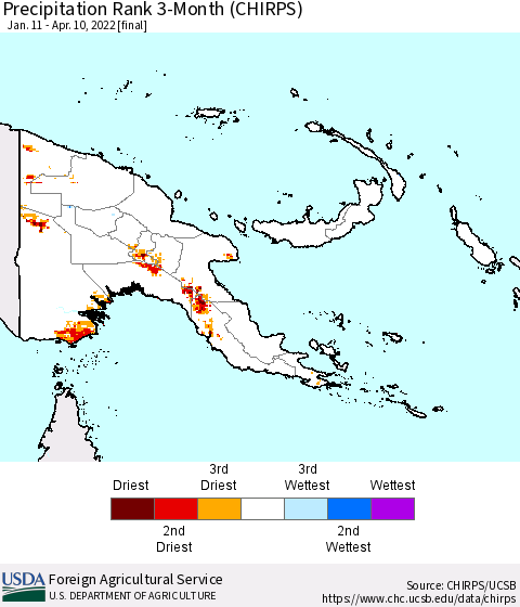 Papua New Guinea Precipitation Rank since 1981, 3-Month (CHIRPS) Thematic Map For 1/11/2022 - 4/10/2022