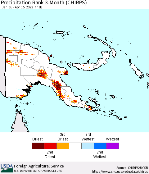 Papua New Guinea Precipitation Rank since 1981, 3-Month (CHIRPS) Thematic Map For 1/16/2022 - 4/15/2022