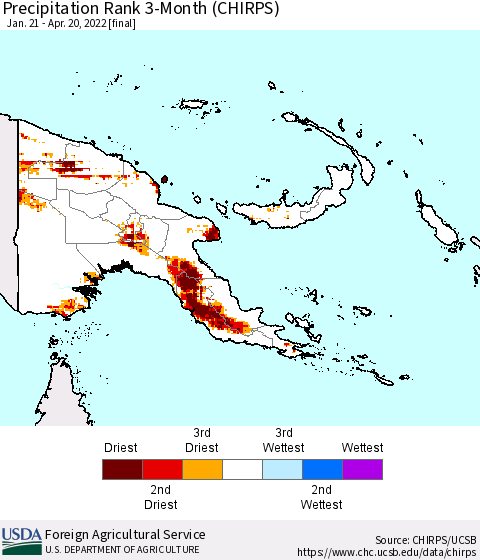 Papua New Guinea Precipitation Rank since 1981, 3-Month (CHIRPS) Thematic Map For 1/21/2022 - 4/20/2022