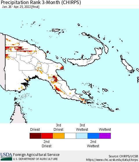 Papua New Guinea Precipitation Rank since 1981, 3-Month (CHIRPS) Thematic Map For 1/26/2022 - 4/25/2022