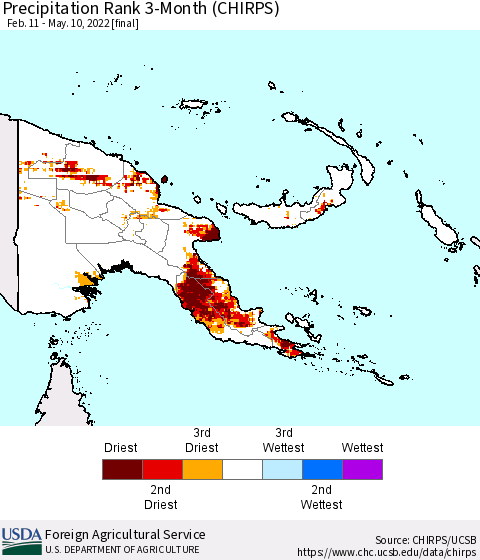 Papua New Guinea Precipitation Rank since 1981, 3-Month (CHIRPS) Thematic Map For 2/11/2022 - 5/10/2022