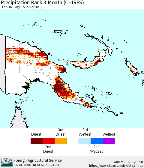Papua New Guinea Precipitation Rank since 1981, 3-Month (CHIRPS) Thematic Map For 2/16/2022 - 5/15/2022