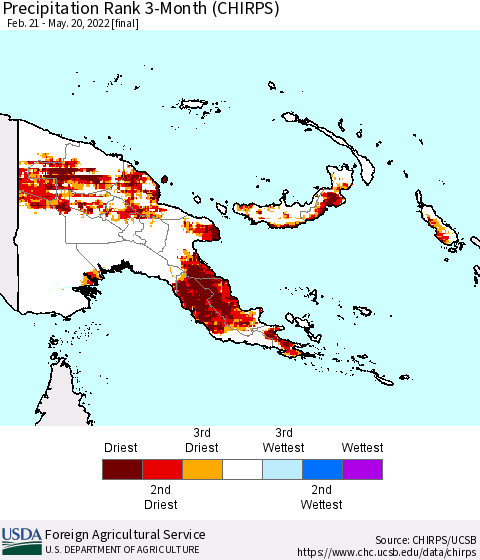 Papua New Guinea Precipitation Rank since 1981, 3-Month (CHIRPS) Thematic Map For 2/21/2022 - 5/20/2022