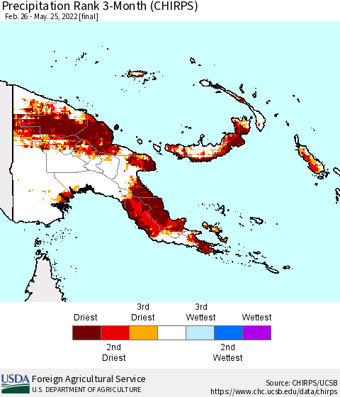 Papua New Guinea Precipitation Rank since 1981, 3-Month (CHIRPS) Thematic Map For 2/26/2022 - 5/25/2022