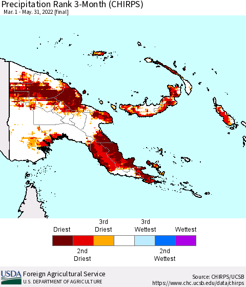Papua New Guinea Precipitation Rank since 1981, 3-Month (CHIRPS) Thematic Map For 3/1/2022 - 5/31/2022