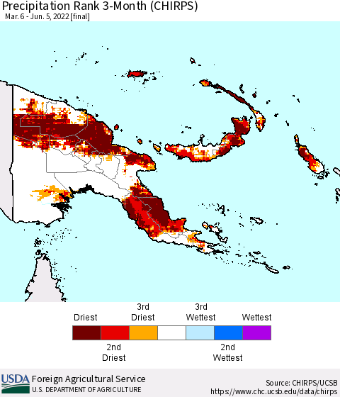 Papua New Guinea Precipitation Rank since 1981, 3-Month (CHIRPS) Thematic Map For 3/6/2022 - 6/5/2022