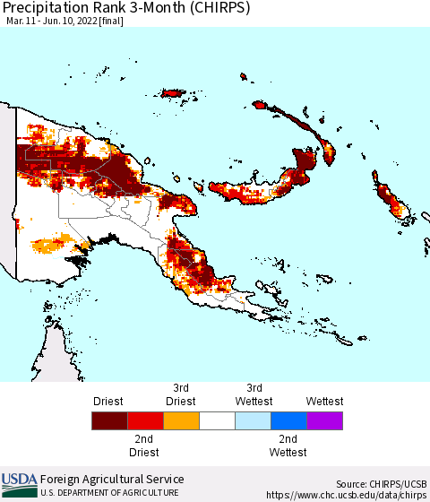 Papua New Guinea Precipitation Rank since 1981, 3-Month (CHIRPS) Thematic Map For 3/11/2022 - 6/10/2022