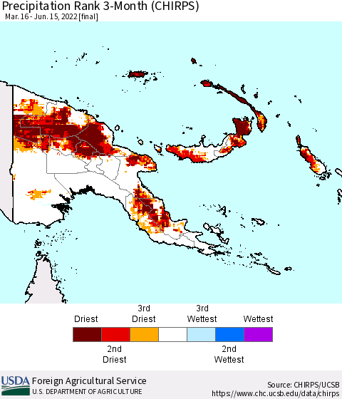 Papua New Guinea Precipitation Rank since 1981, 3-Month (CHIRPS) Thematic Map For 3/16/2022 - 6/15/2022