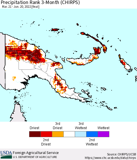 Papua New Guinea Precipitation Rank since 1981, 3-Month (CHIRPS) Thematic Map For 3/21/2022 - 6/20/2022