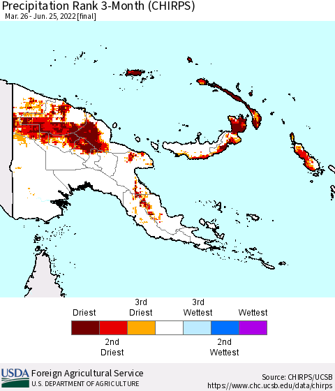Papua New Guinea Precipitation Rank since 1981, 3-Month (CHIRPS) Thematic Map For 3/26/2022 - 6/25/2022