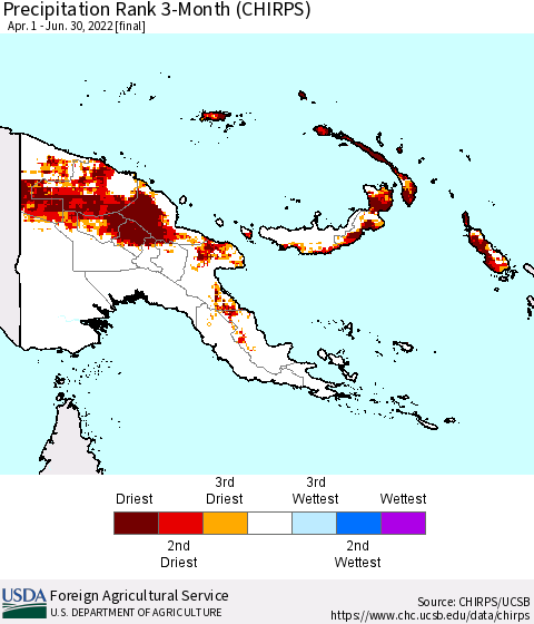 Papua New Guinea Precipitation Rank since 1981, 3-Month (CHIRPS) Thematic Map For 4/1/2022 - 6/30/2022