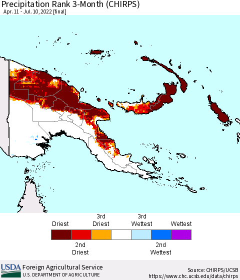Papua New Guinea Precipitation Rank since 1981, 3-Month (CHIRPS) Thematic Map For 4/11/2022 - 7/10/2022