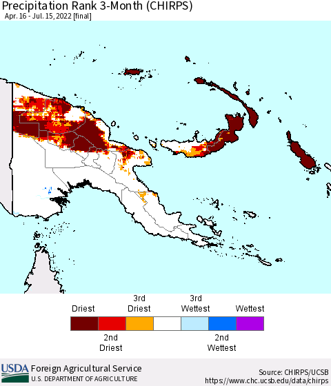 Papua New Guinea Precipitation Rank since 1981, 3-Month (CHIRPS) Thematic Map For 4/16/2022 - 7/15/2022