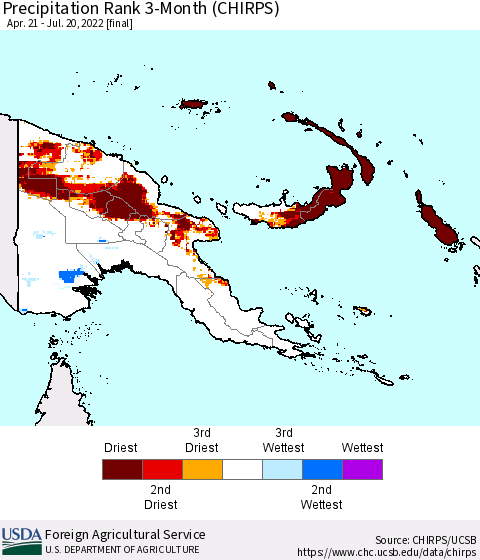 Papua New Guinea Precipitation Rank since 1981, 3-Month (CHIRPS) Thematic Map For 4/21/2022 - 7/20/2022