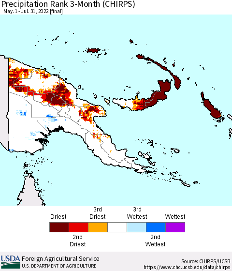 Papua New Guinea Precipitation Rank since 1981, 3-Month (CHIRPS) Thematic Map For 5/1/2022 - 7/31/2022